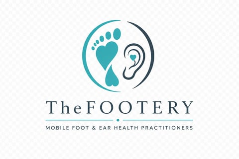 TheFOOTERY logo featuring a footprint and ear icon with text for mobile foot and ear health practitioners