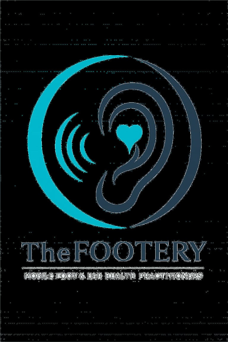 The Footery ear care logo featuring a stylized ear with sound waves and heart symbol on dark background